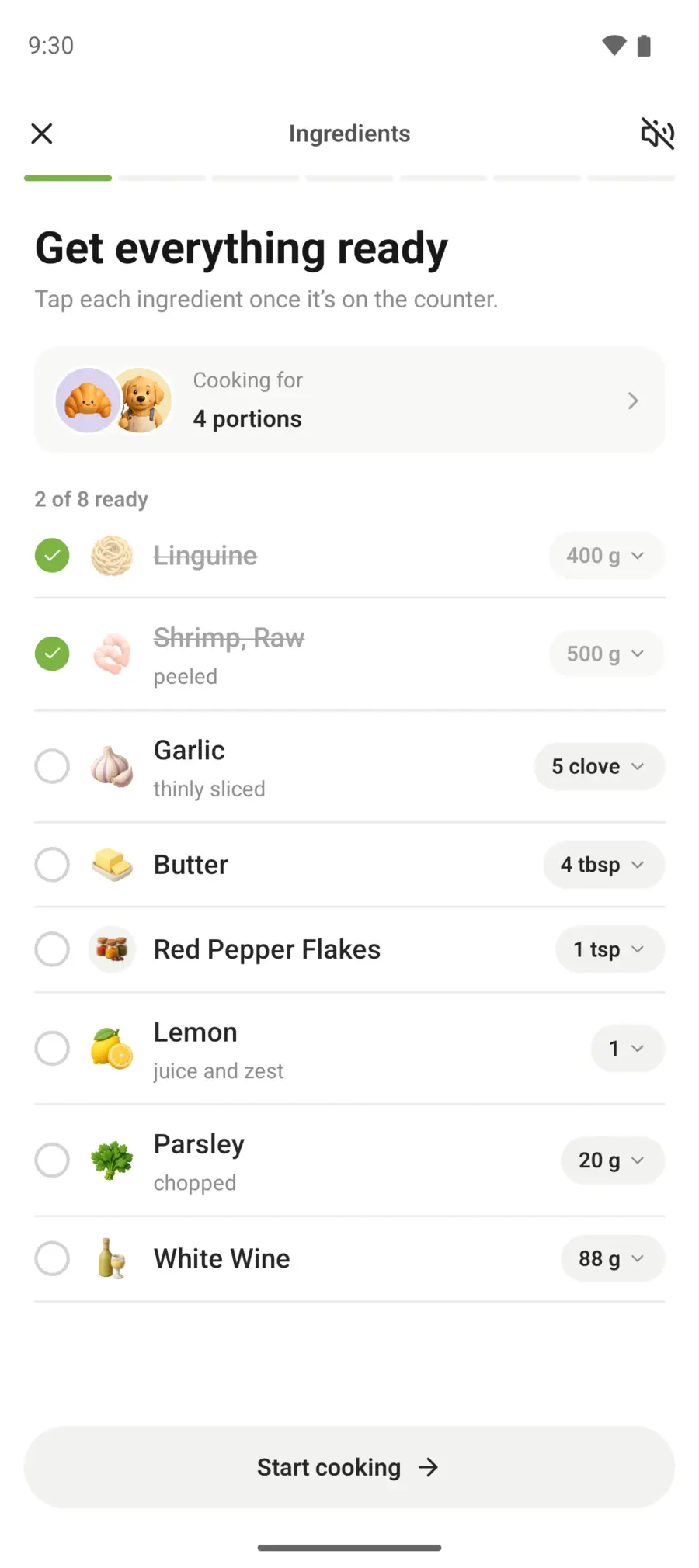 Cook mode showing one step at a time with the ingredient list