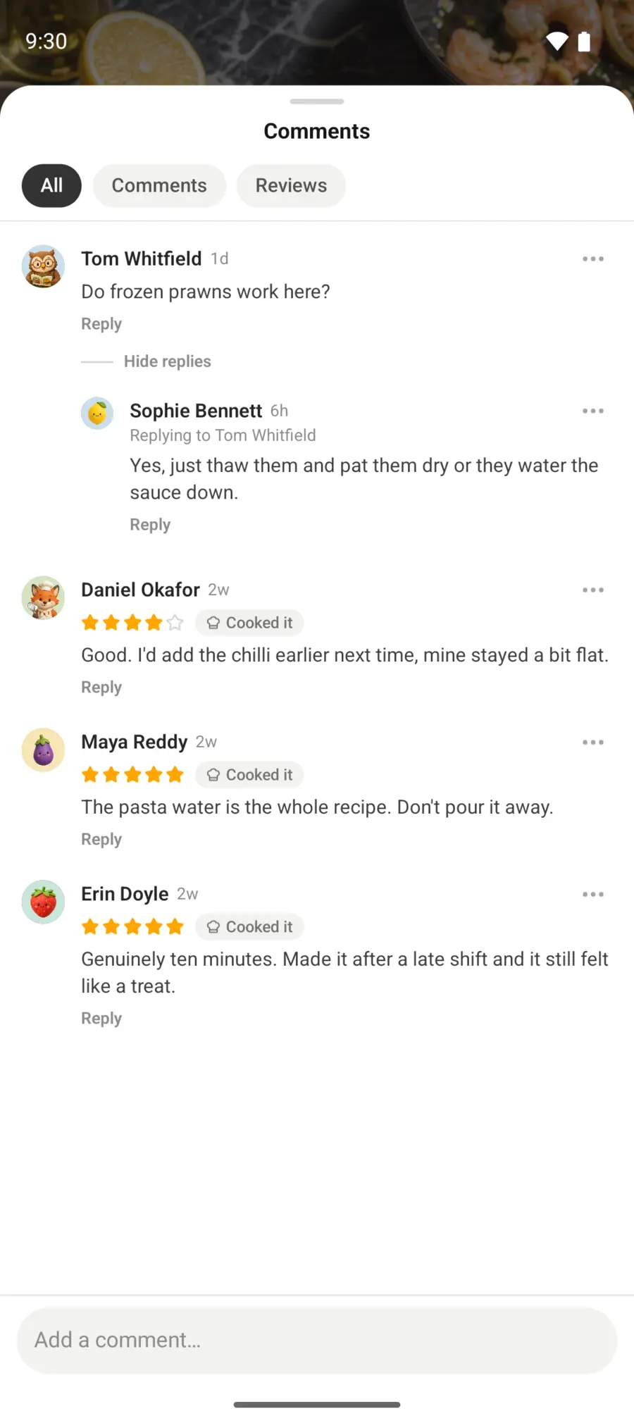 Reviews under a recipe: star ratings from people who cooked it, and replies