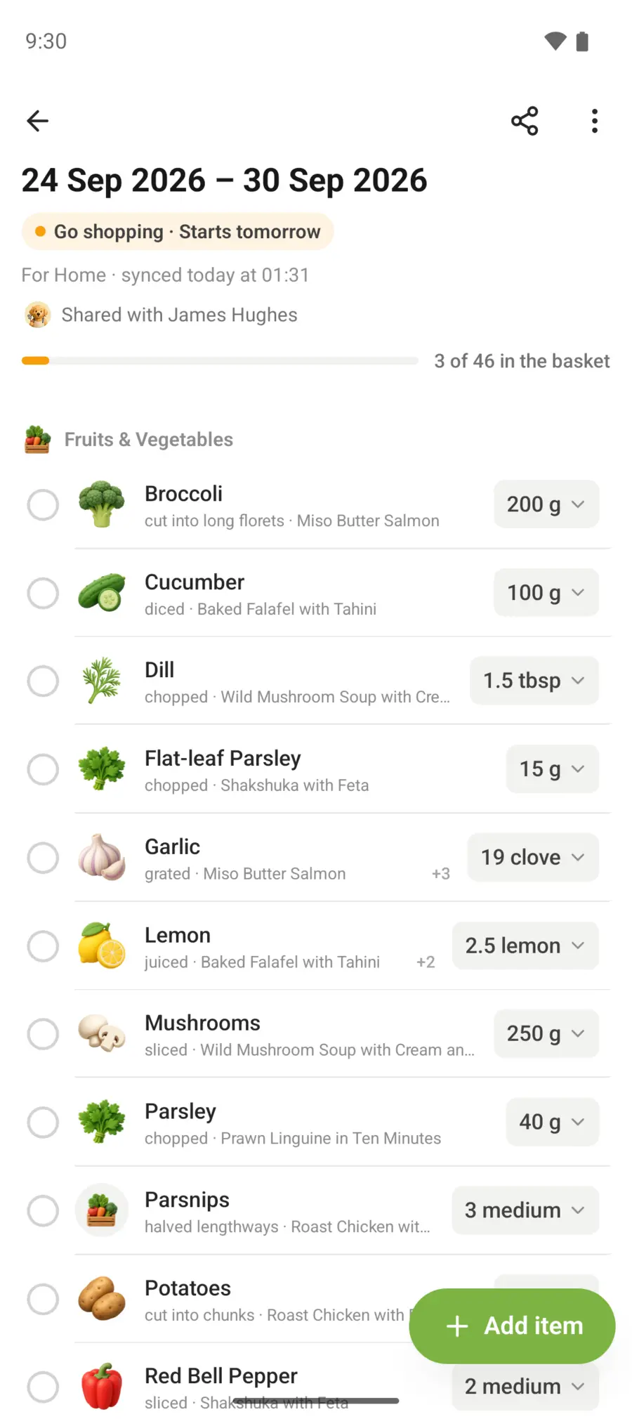 The shopping list generated from the week’s plan