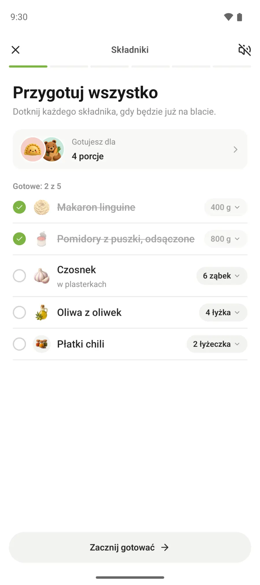 Tryb gotowania: jeden krok naraz i lista składników