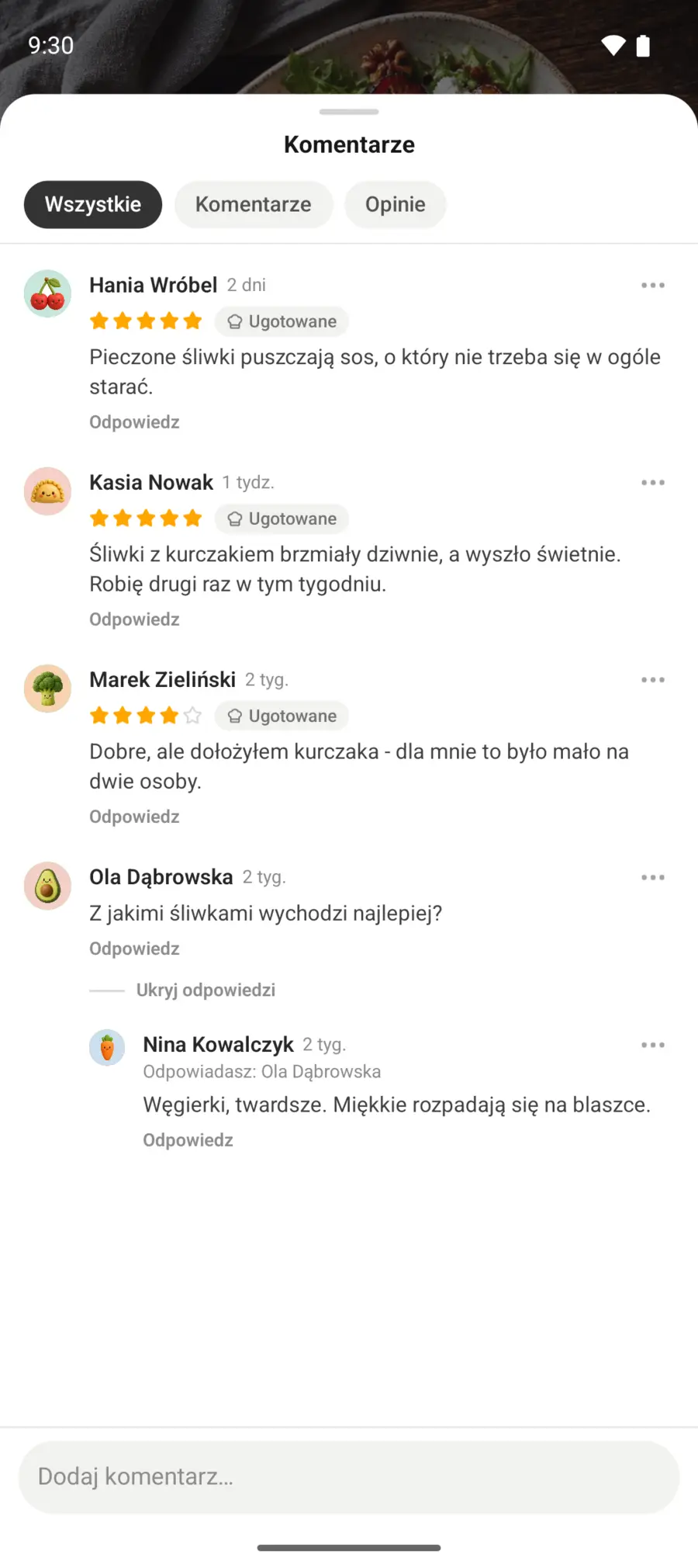 Opinie pod przepisem: oceny od osób, które go ugotowały, i odpowiedzi