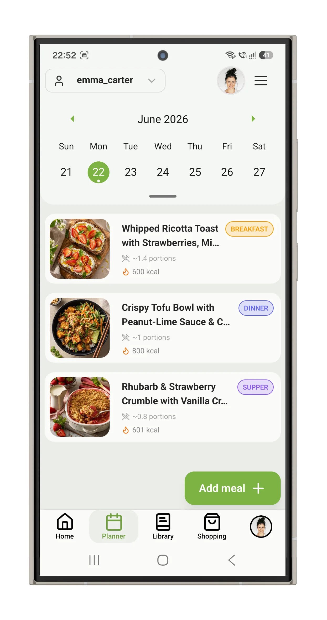 Weekly meal calendar