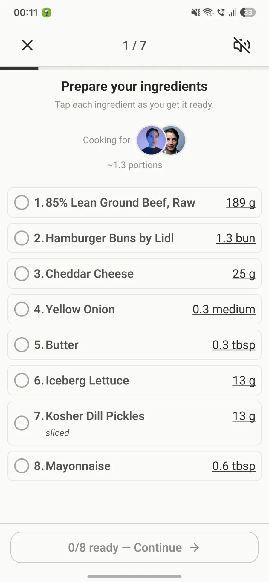 Cook mode showing one step at a time with the ingredient list