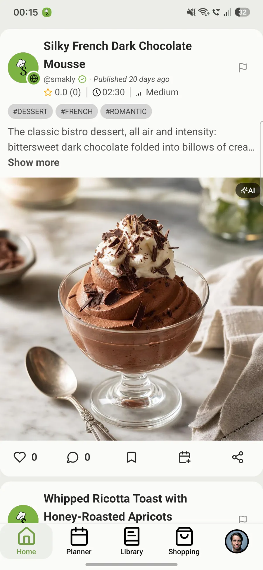 A recipe in the Smakly feed, with tags and prep time