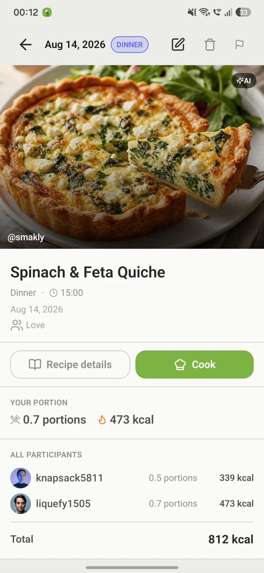 A shared meal with portions and calories worked out per participant